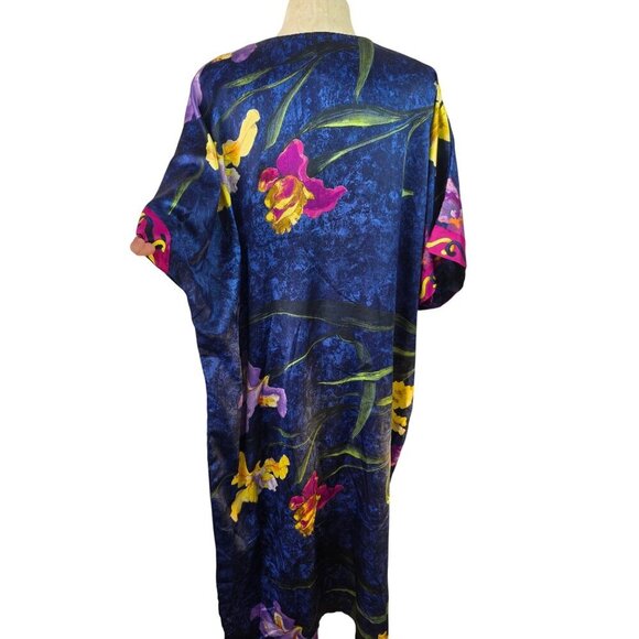 Calypso by Delicates 90s Tropical Caftan Dress Womens OS Pastel Floral on Blue - Picture 2 of 9